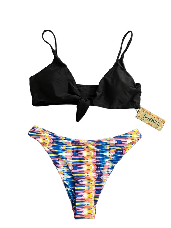 shekini Other - Shekini Bikini Set Black Tie Front Top Multicolor Bottoms NWT Women’s L